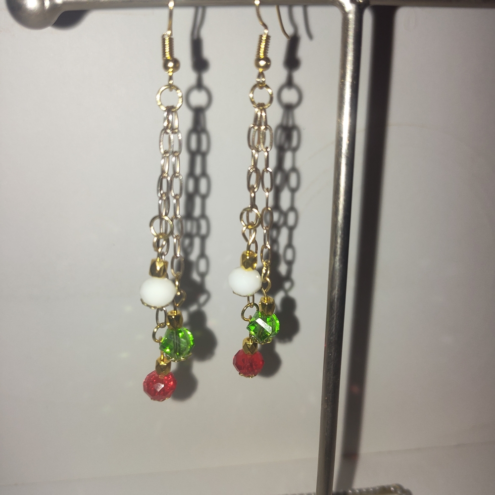 Elegant Gold Chain Earrings with Red and Green Beads